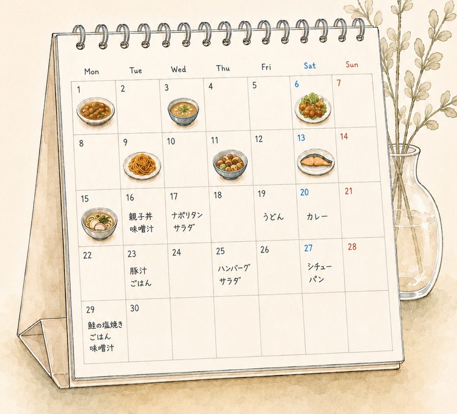 料理名が書き込まれた卓上カレンダー