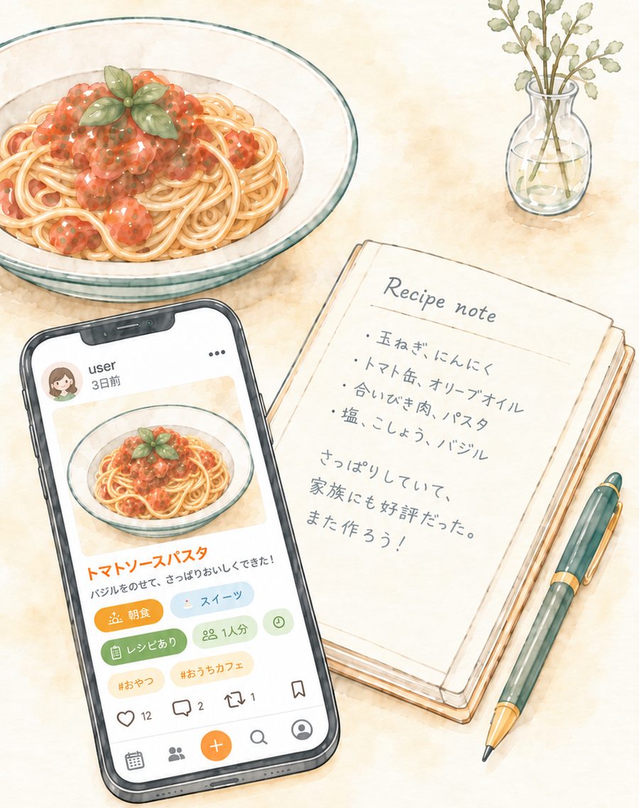 トマトソースパスタと、それを記録したスマホとレシピノート